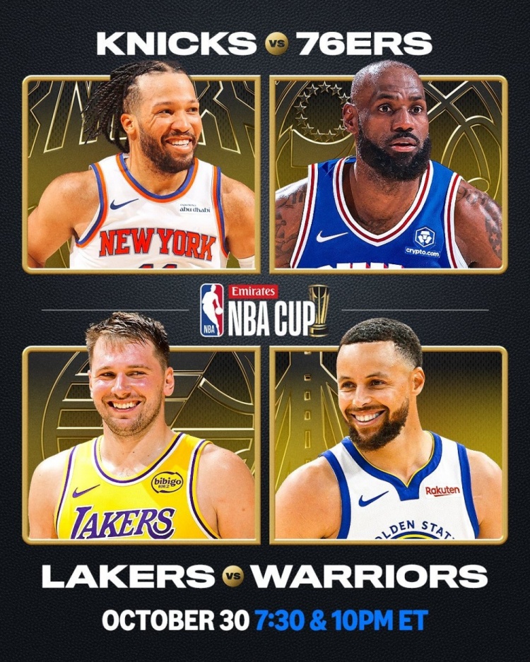 NBA杯小组赛将于10月31日打响 首日为尼克斯vs76人 湖人vs勇士